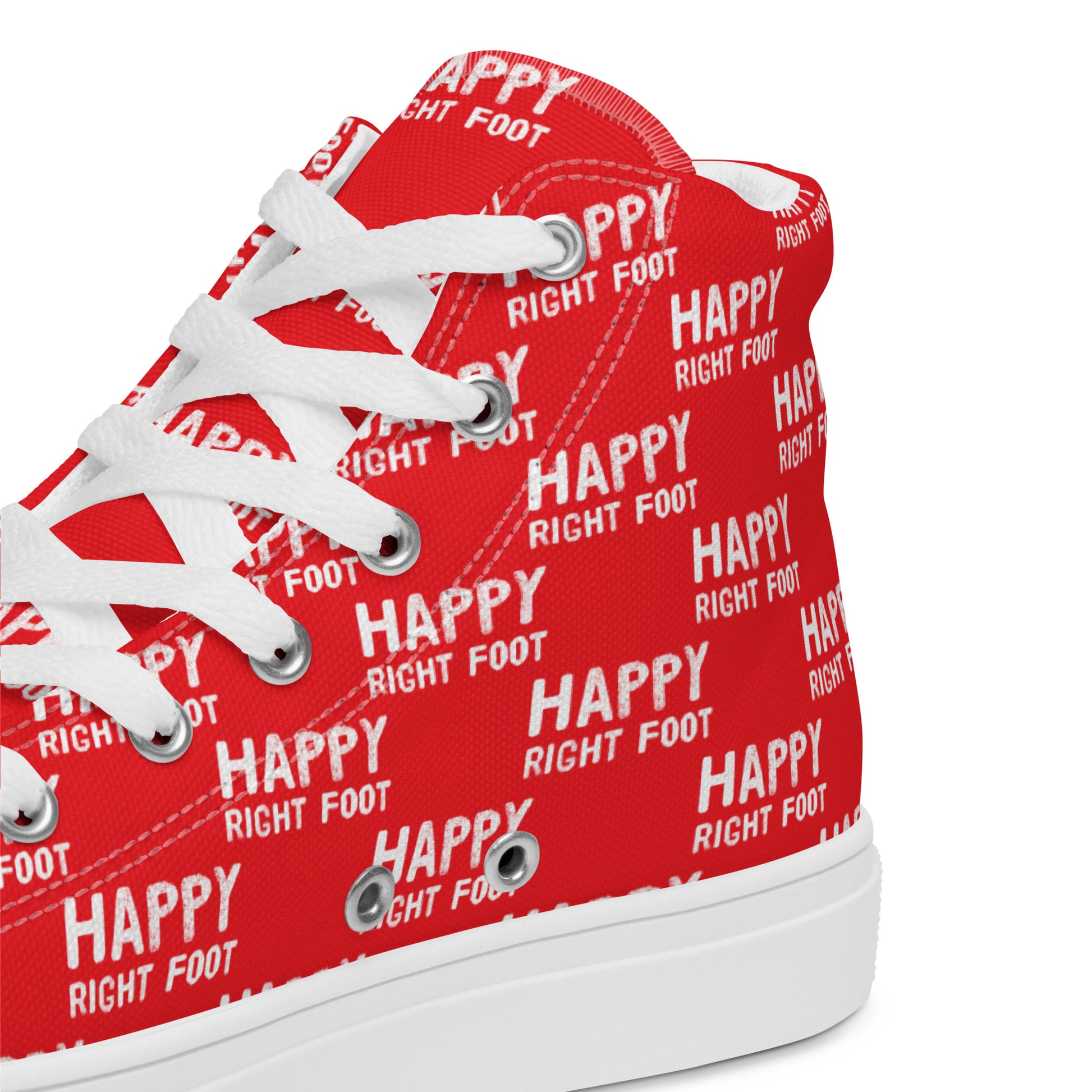 HappyStuff red high tops with playful Happy Left Foot Happy Right Foot Pattern Print red and white closeup view inside heel side