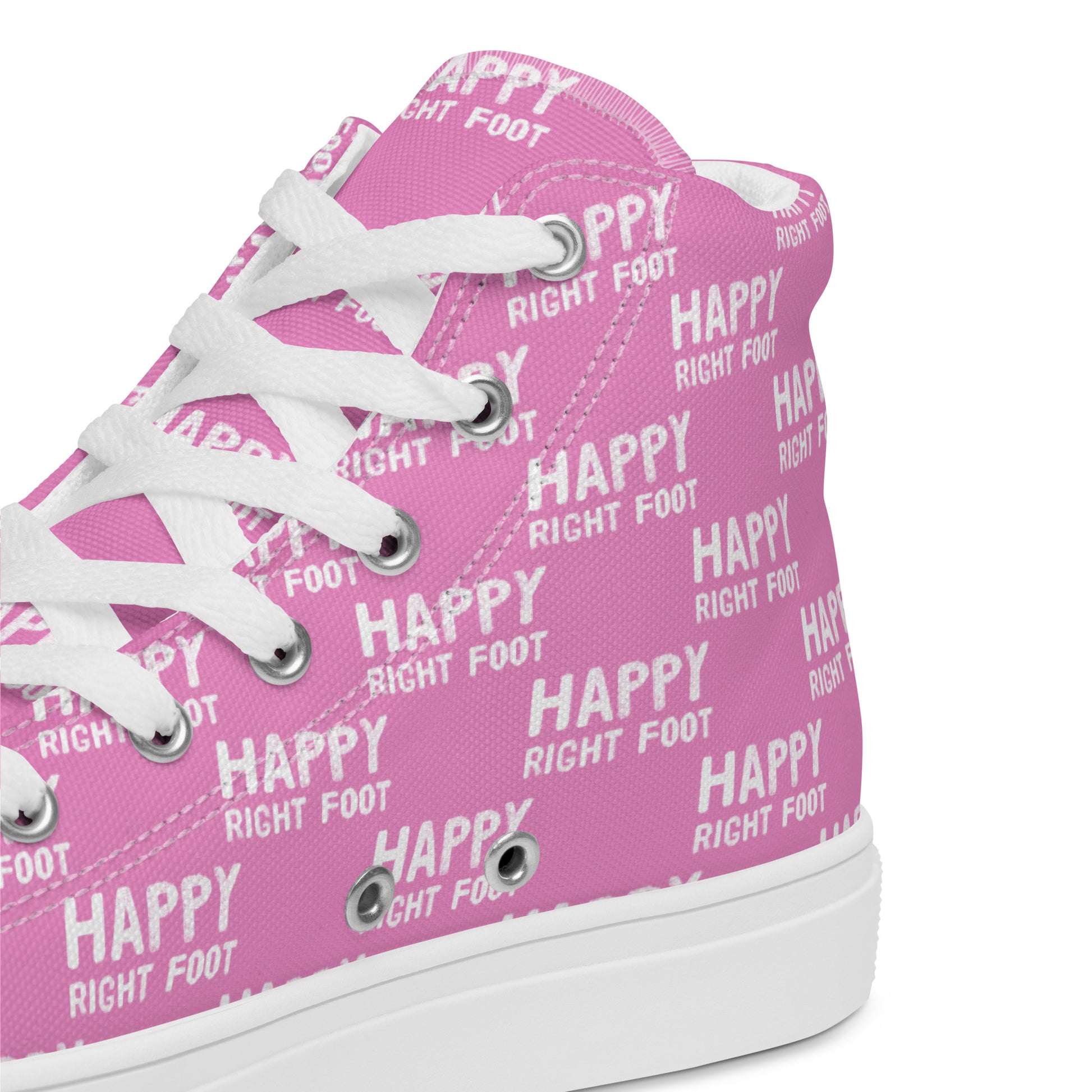 HappyStuff black high tops with playful Happy Left Foot Happy Right Foot Pattern Print pink and white closeup view inside heel side