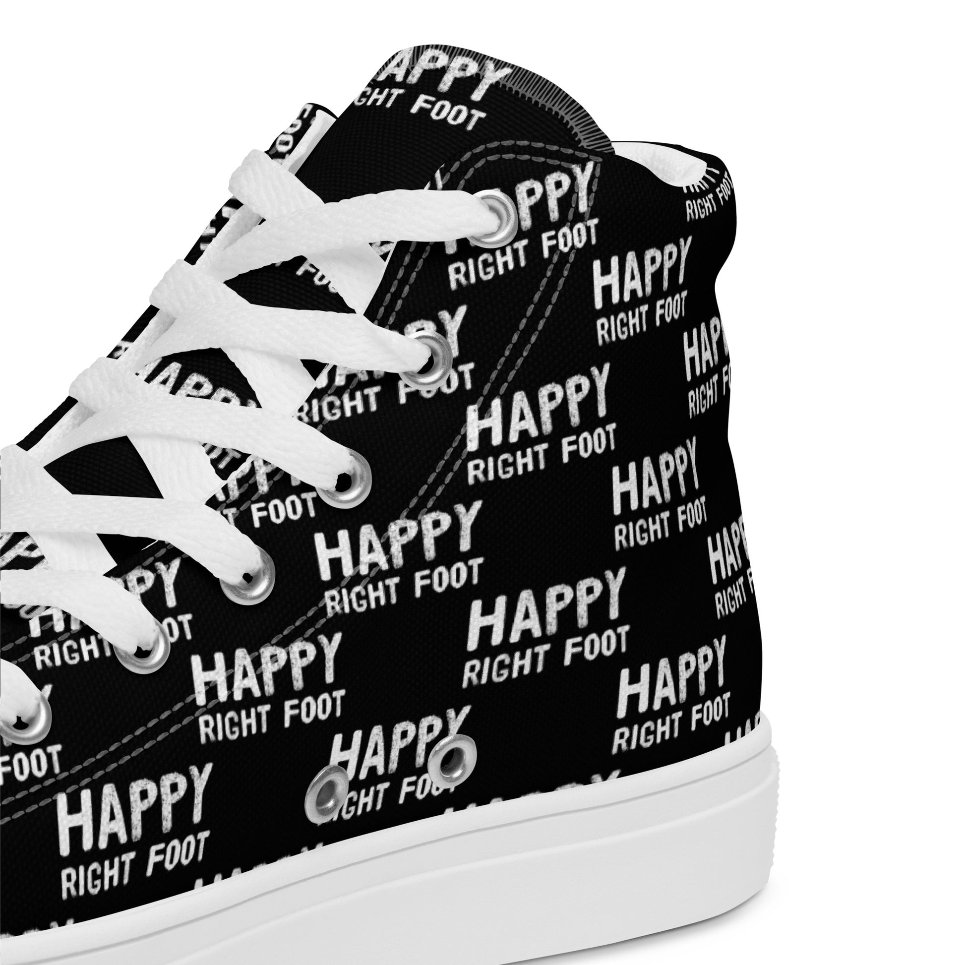 HappyStuff black high tops with playful Happy Left Foot Happy Right Foot Pattern Print black and white closeup view inside heel side