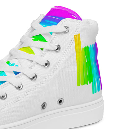 HappyStuff white high tops rainbow shoes Happy Rainbow Painted Print bright colour spectrum tongue closeup view inside heel side