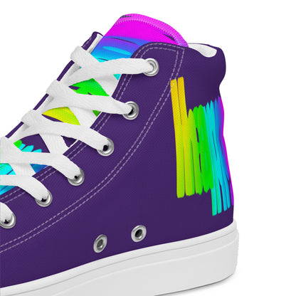 HappyStuff purple high tops rainbow shoes Happy Rainbow Painted Print bright colour spectrum tongue closeup view inside heel side