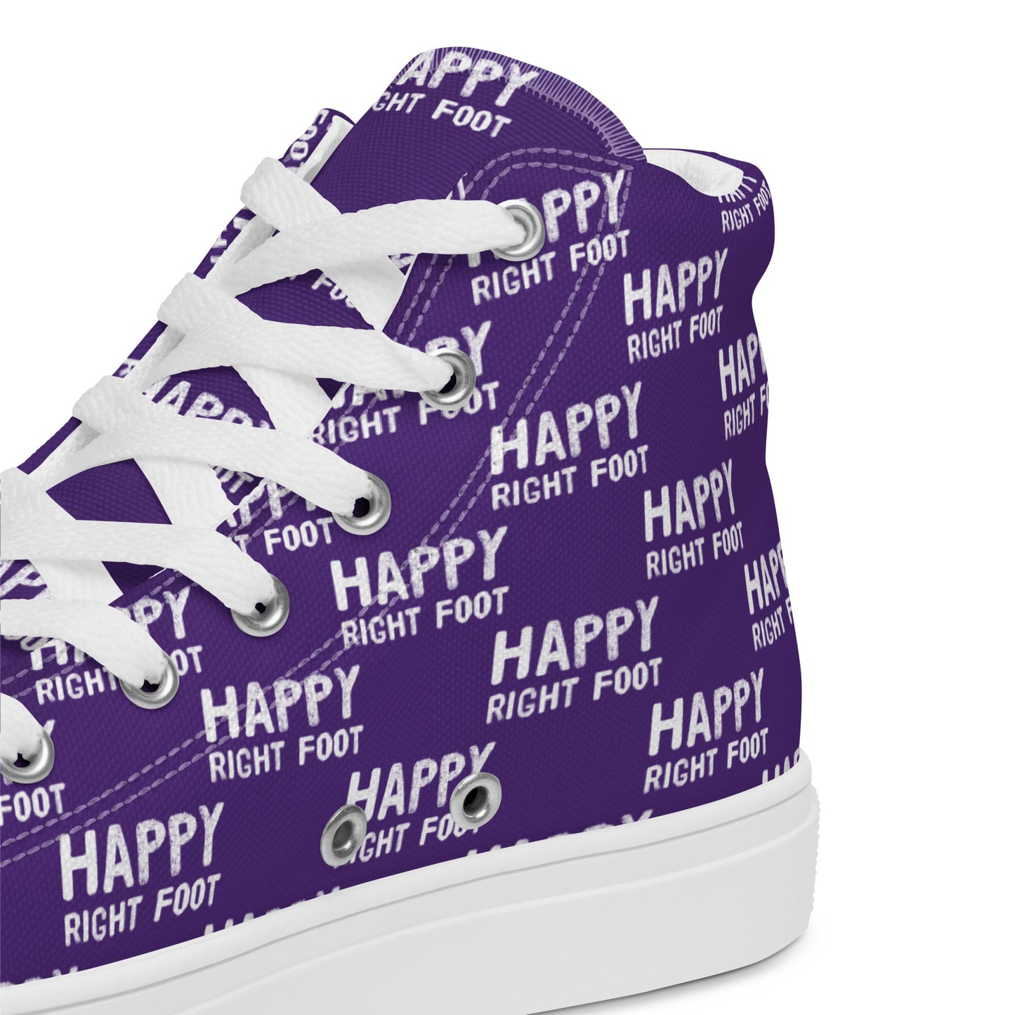 HappyStuff purple high tops with playful Happy Left Foot Happy Right Foot Pattern Print purple and white closeup view inside heel side