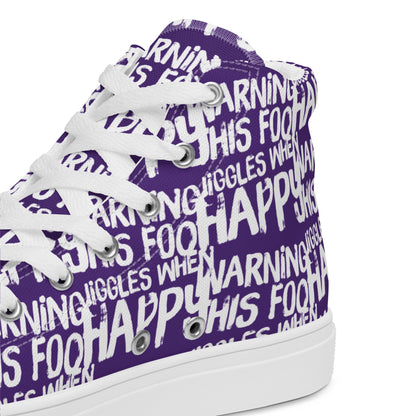 HappyStuff purple high tops with playful white print Warning This Foot Jiggles When Happy inside heel side closeup view