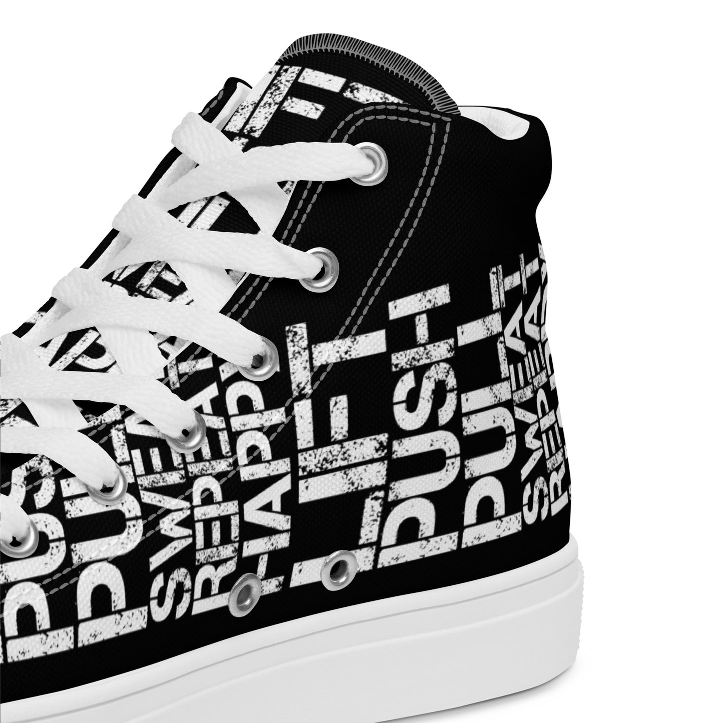 HappyStuff black high tops with lift push pull sweat repeat happy distress print black and white closeup view inside heel side gym shoe