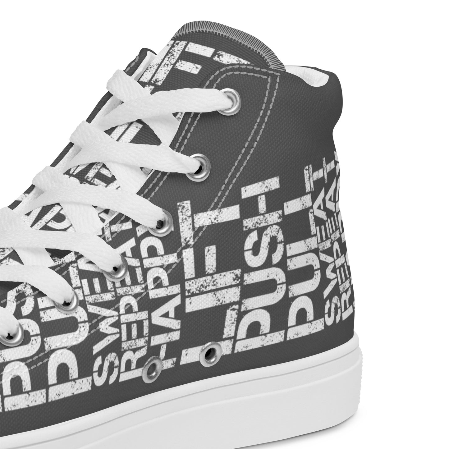 HappyStuff slate grey high tops with lift push pull sweat repeat happy distress print slate grey and white closeup view inside heel side gym shoe