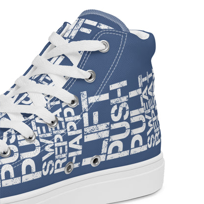 HappyStuff denim blue high tops with lift push pull sweat repeat happy distress print denim blue and white closeup view inside heel side gym shoe