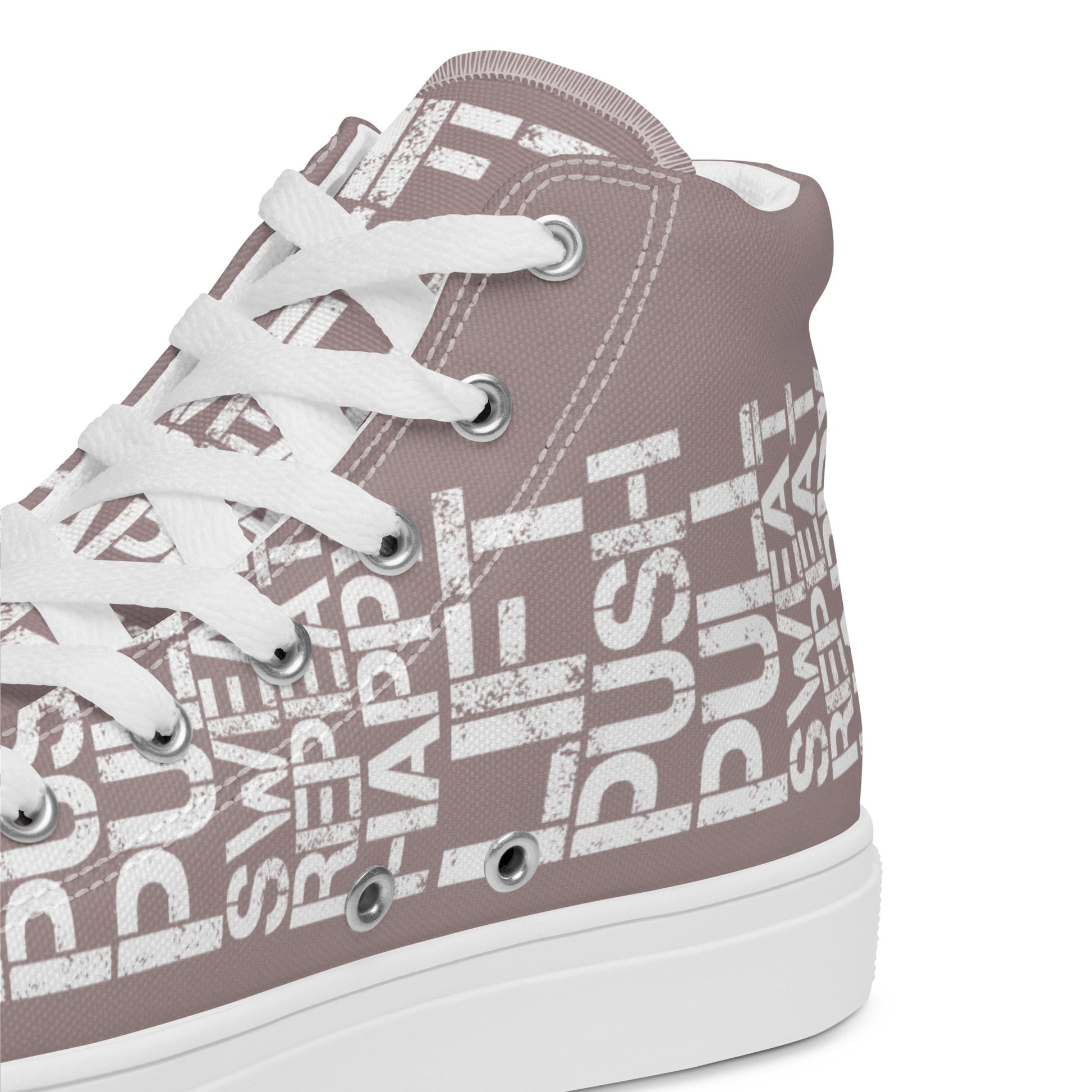 HappyStuff taupe high tops with lift push pull sweat repeat happy distress print taupe and white closeup view inside heel side gym shoe