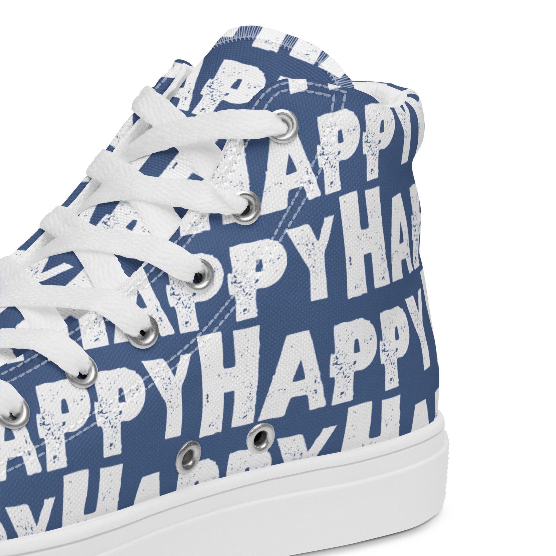 Mens Sneakers heel side closeup denim blue and white Happy Sponge Print High Tops HappyStuff brand