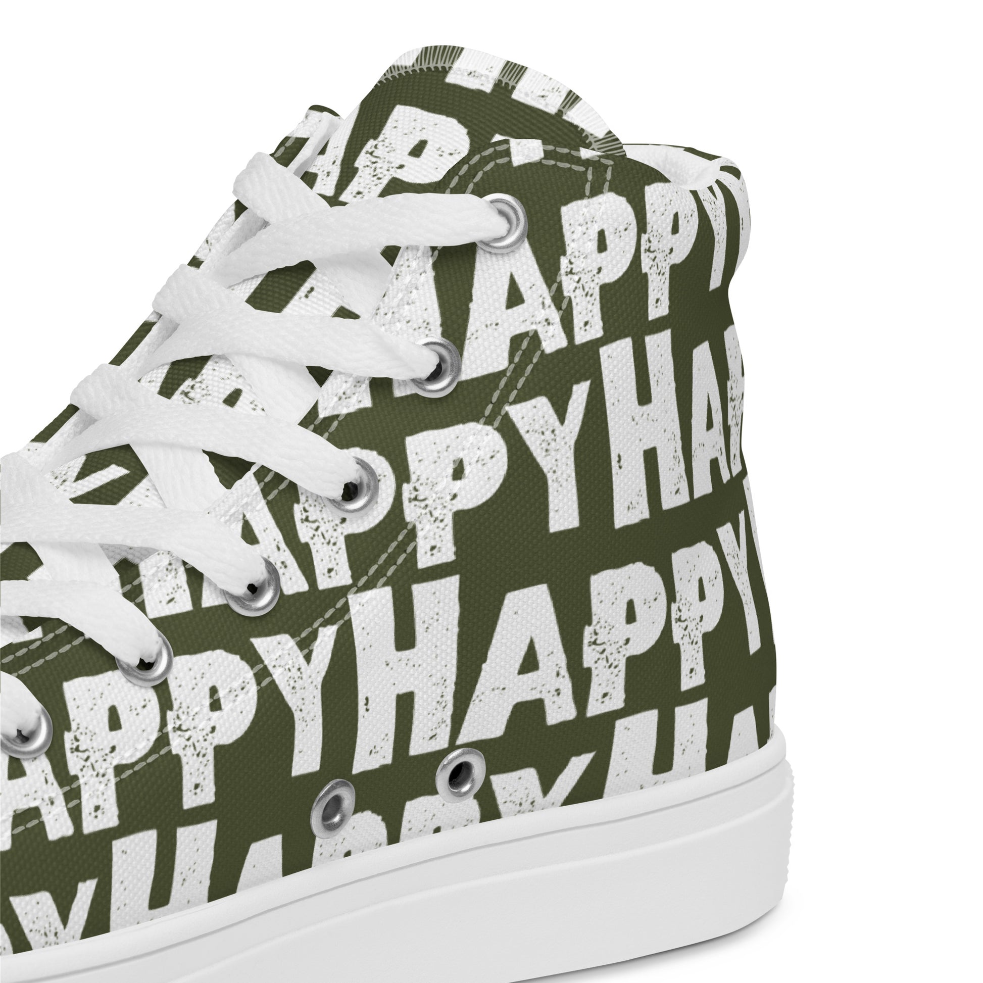 Mens Sneakers heel side closeup khaki green and white Happy Sponge Print High Tops HappyStuff brand