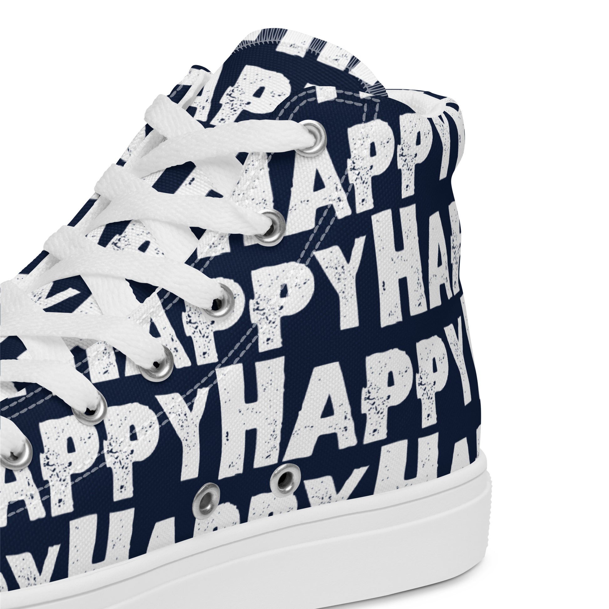 Mens Sneakers heel side closeup navy blue and white Happy Sponge Print High Tops HappyStuff brand