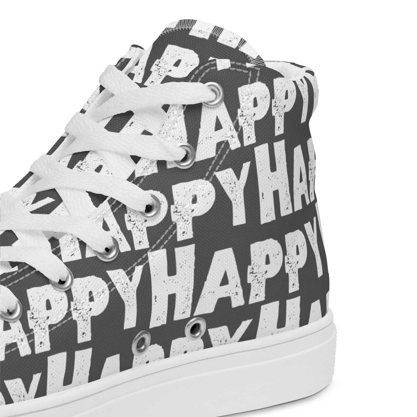 Mens Sneakers heel side closeup slate grey and white Happy Sponge Print High Tops HappyStuff brand