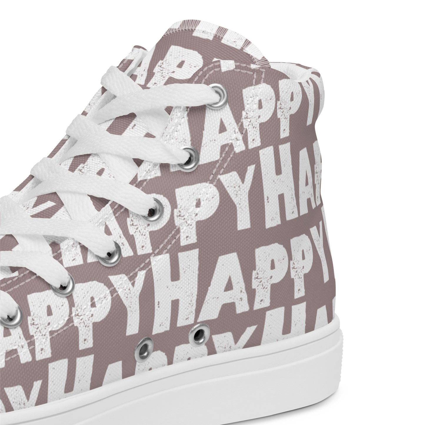 Mens Sneakers heel side closeup taupe and white Happy Sponge Print High Tops HappyStuff brand