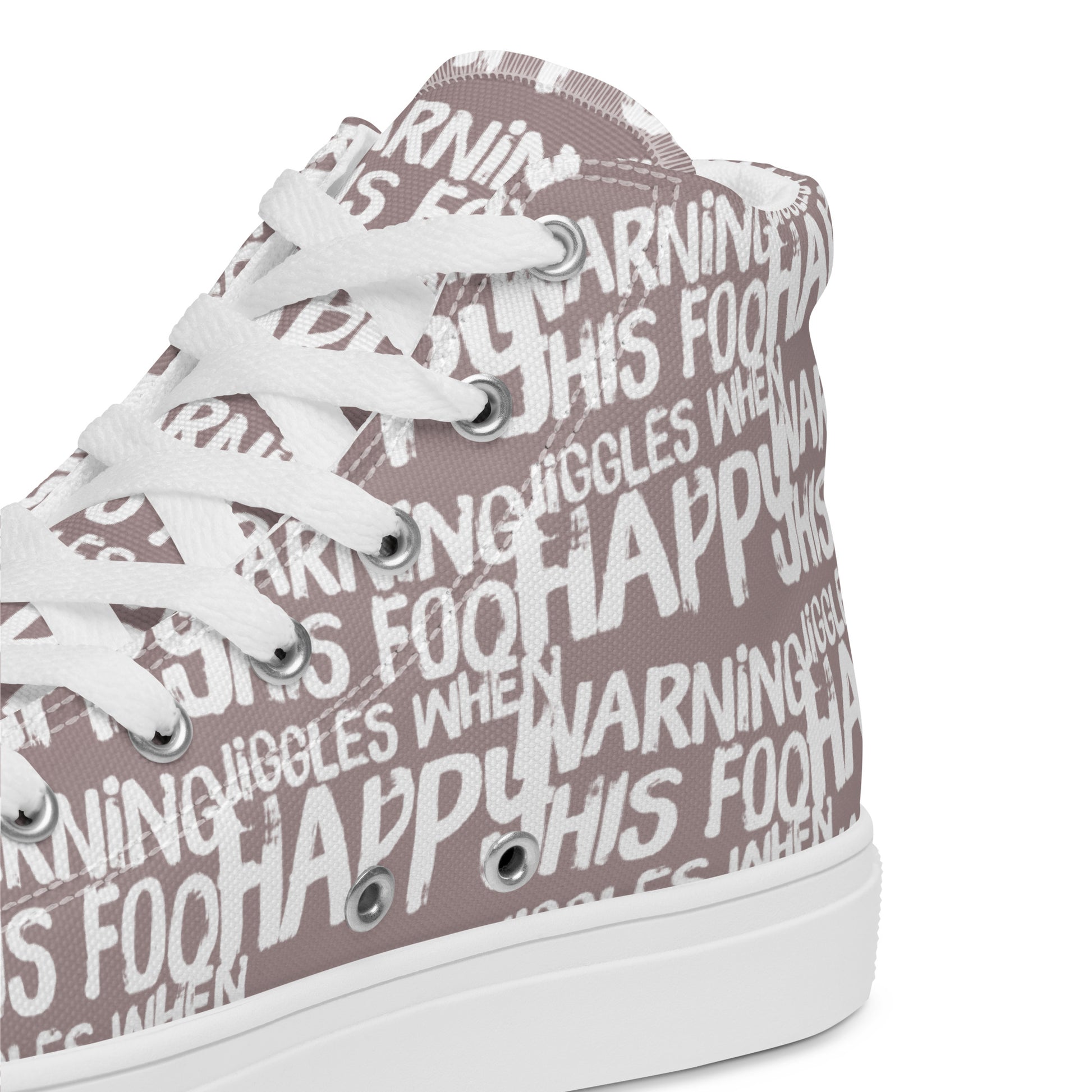 HappyStuff taupe high tops with playful white print Warning This Foot Jiggles When Happy inside heel side closeup view