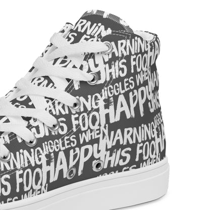 HappyStuff slate grey high tops with playful white print Warning This Foot Jiggles When Happy inside heel side closeup view