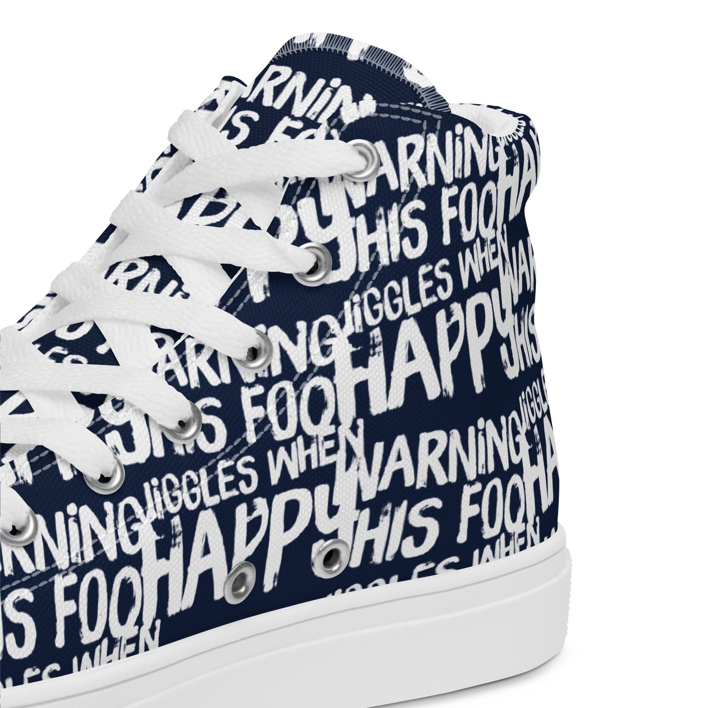 HappyStuff navy blue high tops with playful white print Warning This Foot Jiggles When Happy inside heel side closeup view