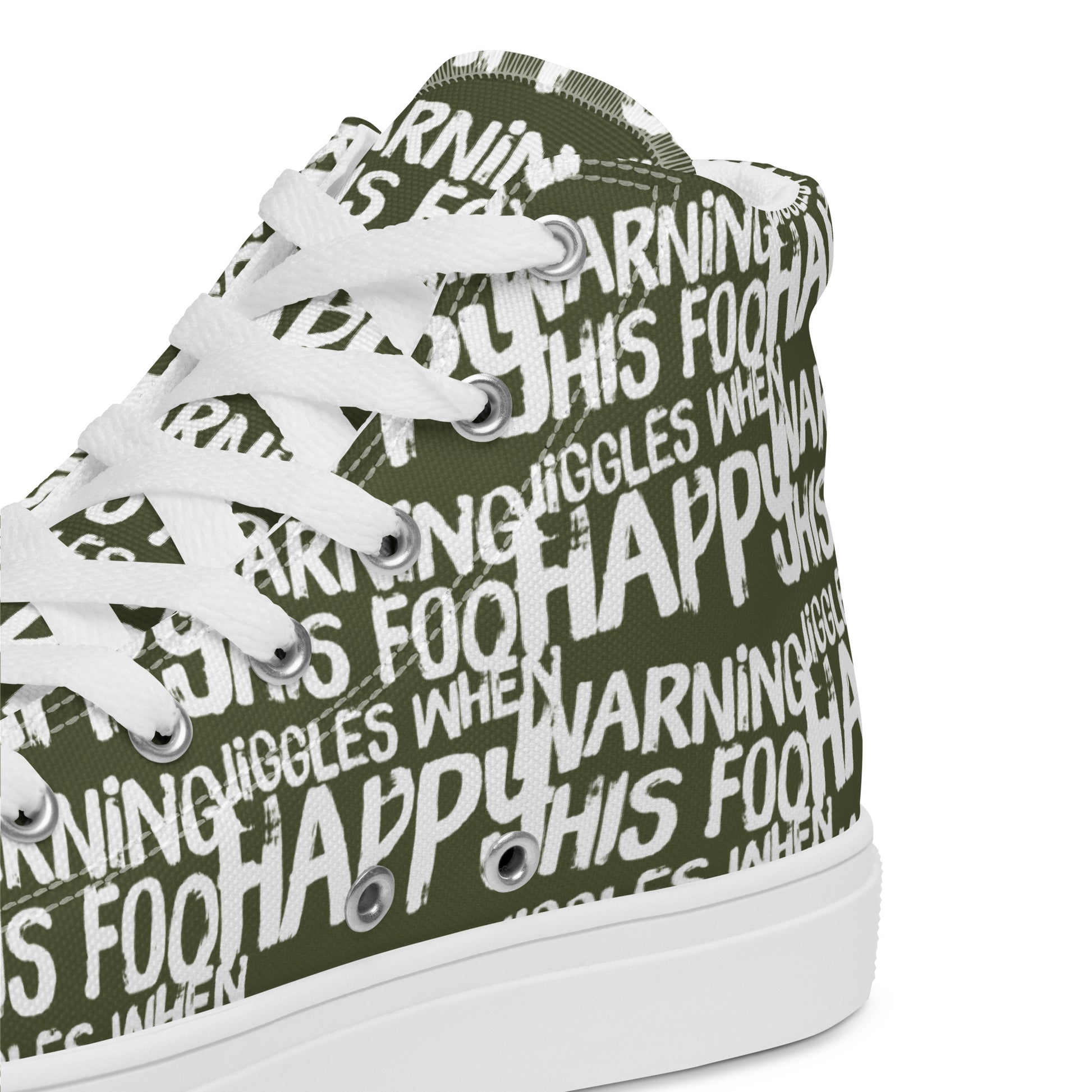 HappyStuff khaki green high tops with playful white print Warning This Foot Jiggles When Happy inside heel side closeup view