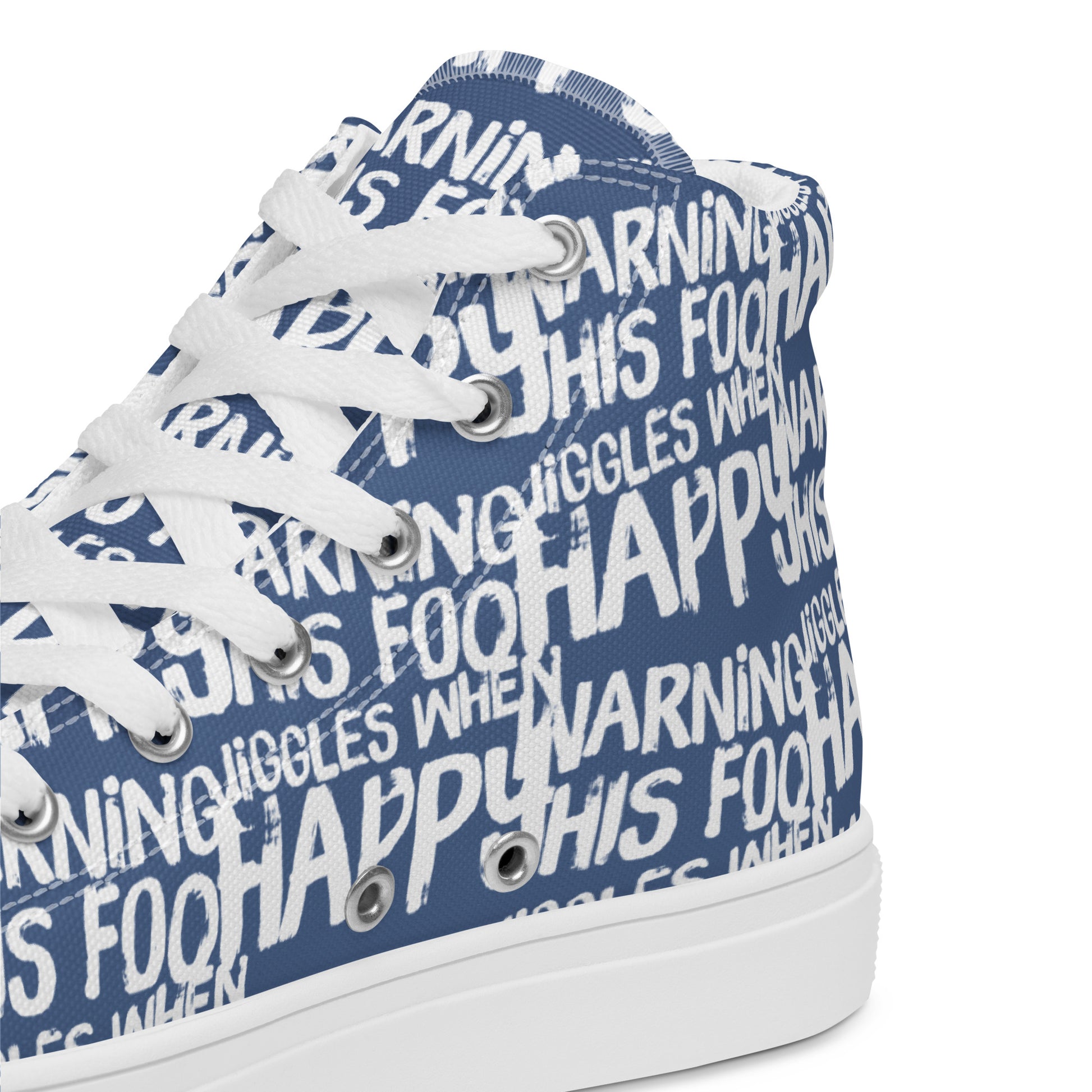 HappyStuff denim blue high tops with playful white print Warning This Foot Jiggles When Happy inside heel side closeup view