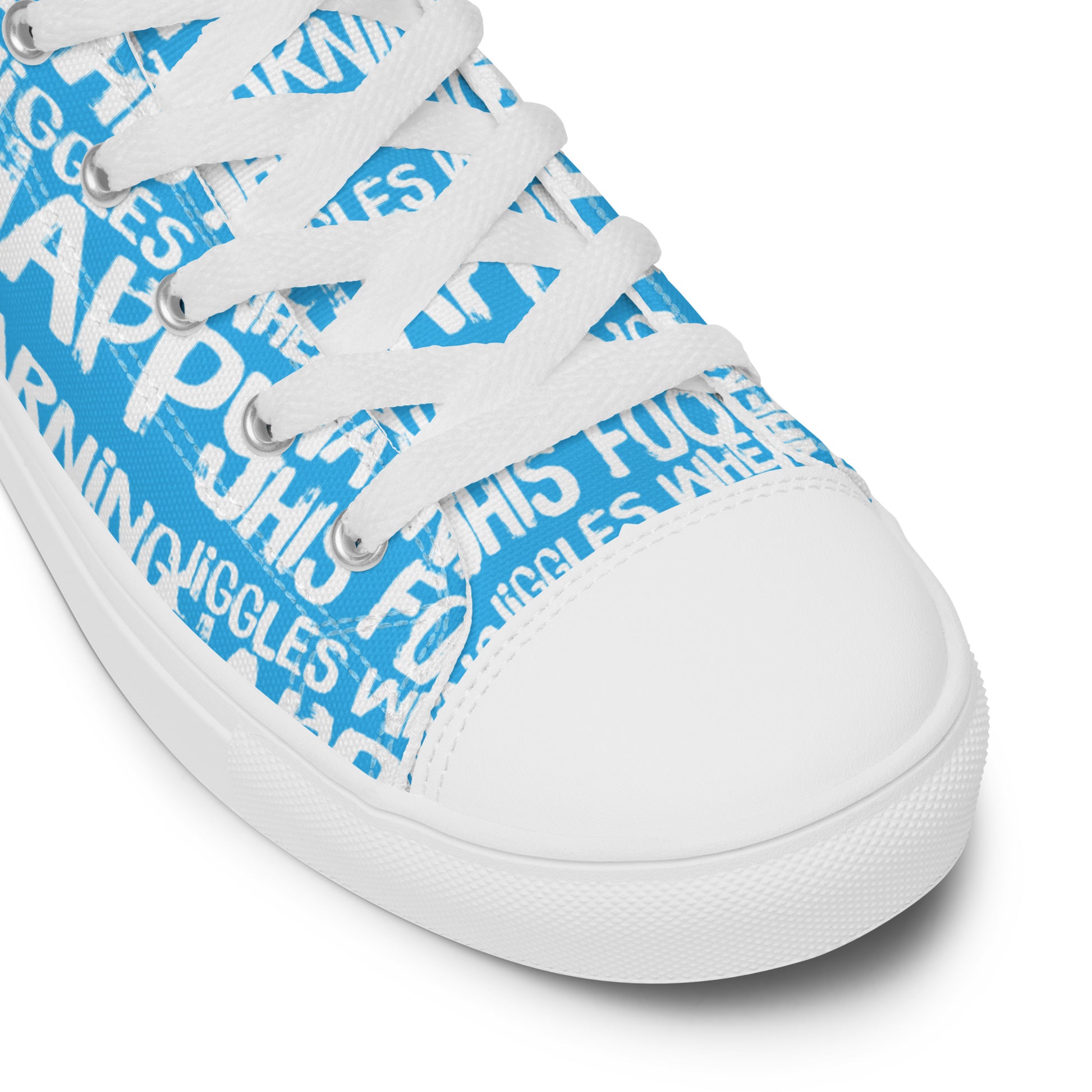 HappyStuff blue high tops with playful white print Warning This Foot Jiggles When Happy white laces faux leather toe cap closeup