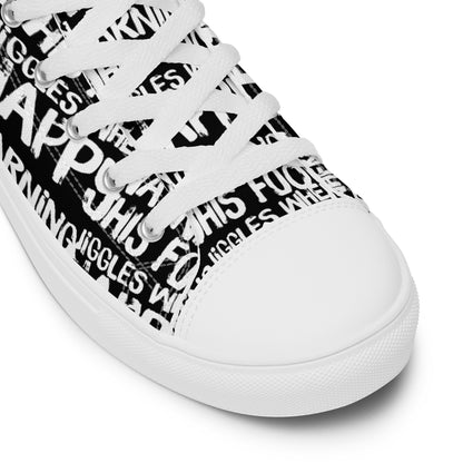 HappyStuff black high tops with playful white print Warning This Foot Jiggles When Happy white laces faux leather toe cap closeup