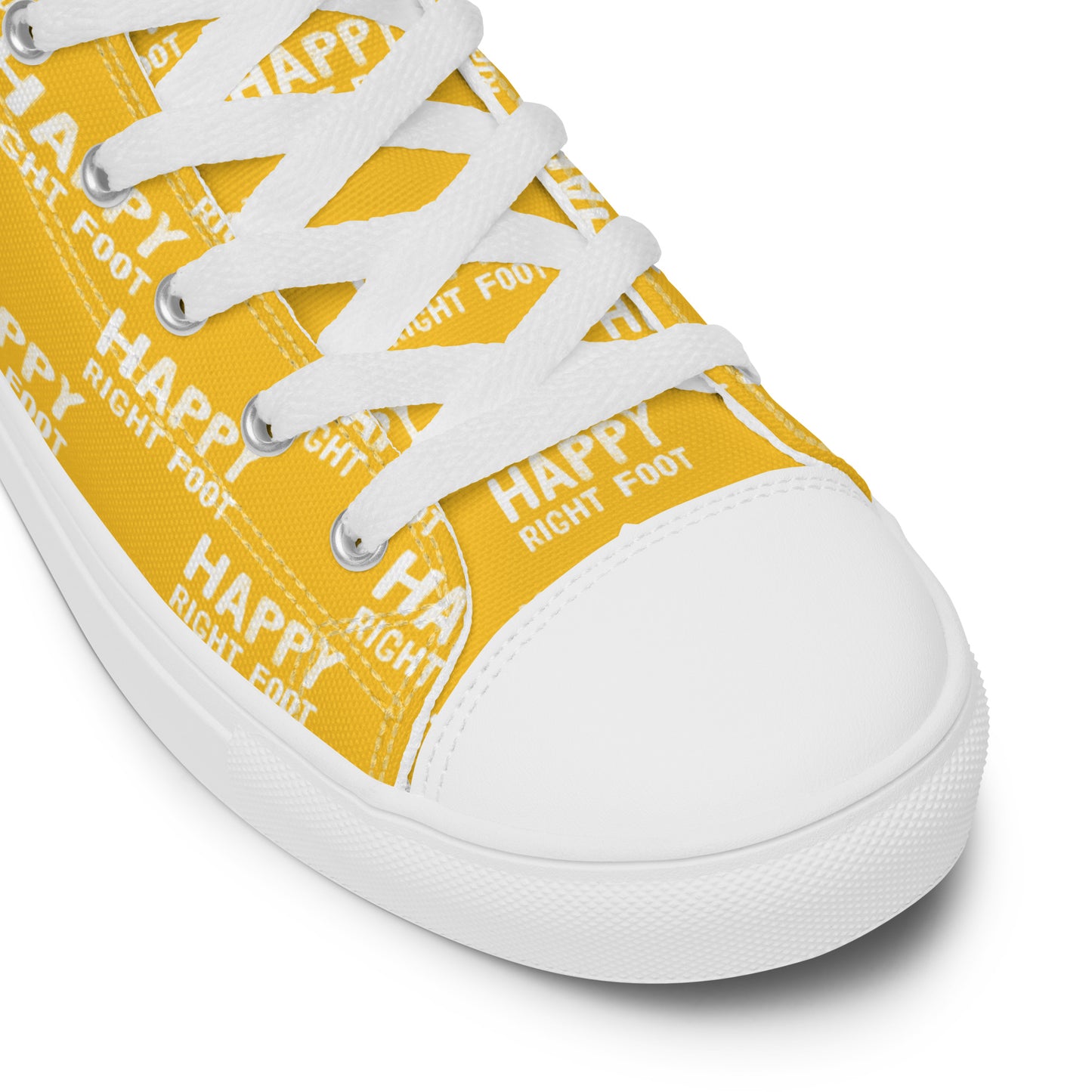 HappyStuff yellow high tops Happy Left Foot Happy Right Foot Pattern Print white laces faux leather toe cap closeup