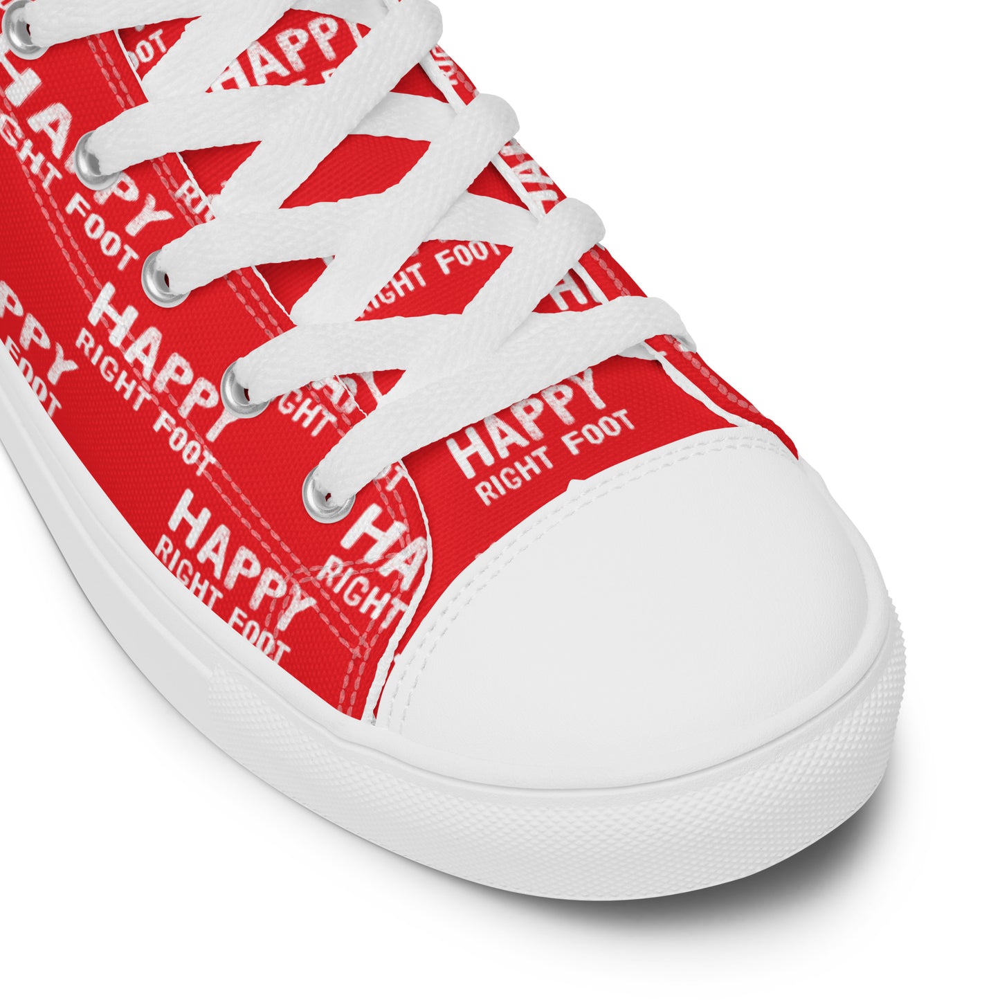 HappyStuff red high tops Happy Left Foot Happy Right Foot Pattern Print white laces faux leather toe cap closeup