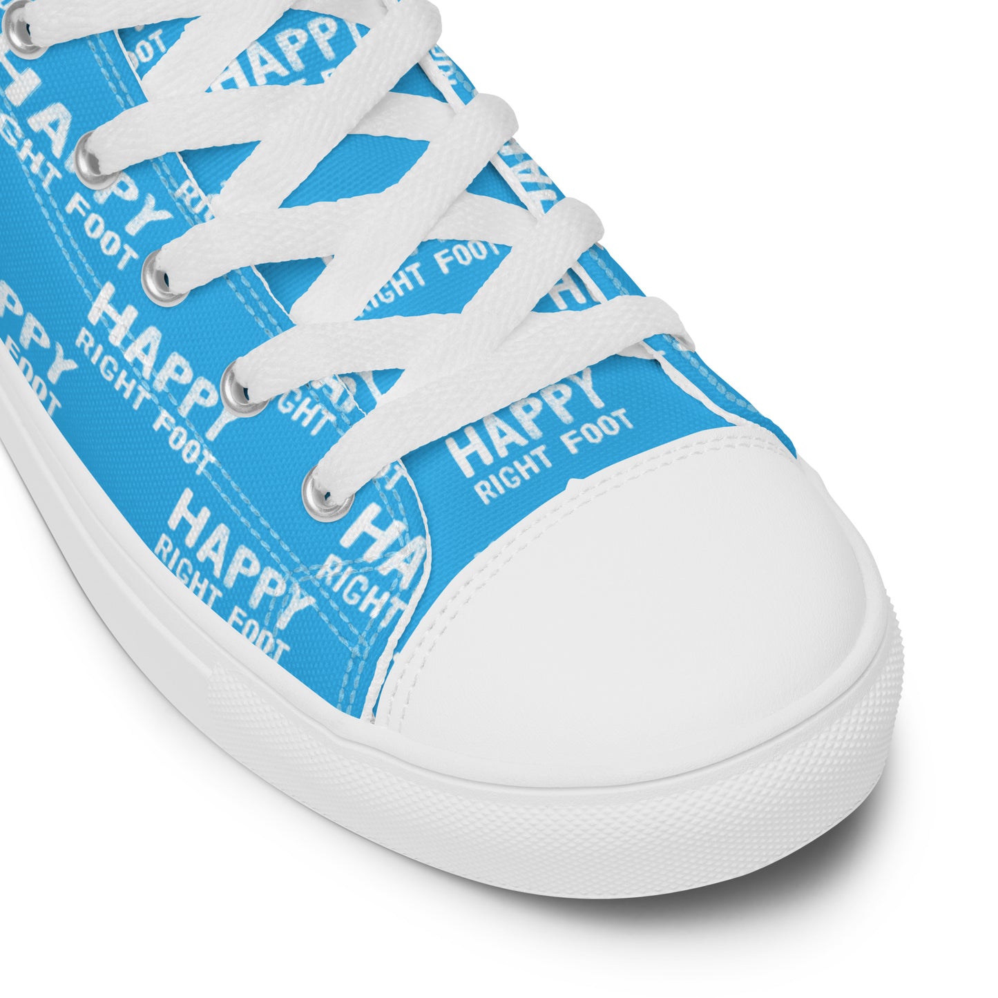 HappyStuff blue high tops Happy Left Foot Happy Right Foot Pattern Print white laces faux leather toe cap closeup