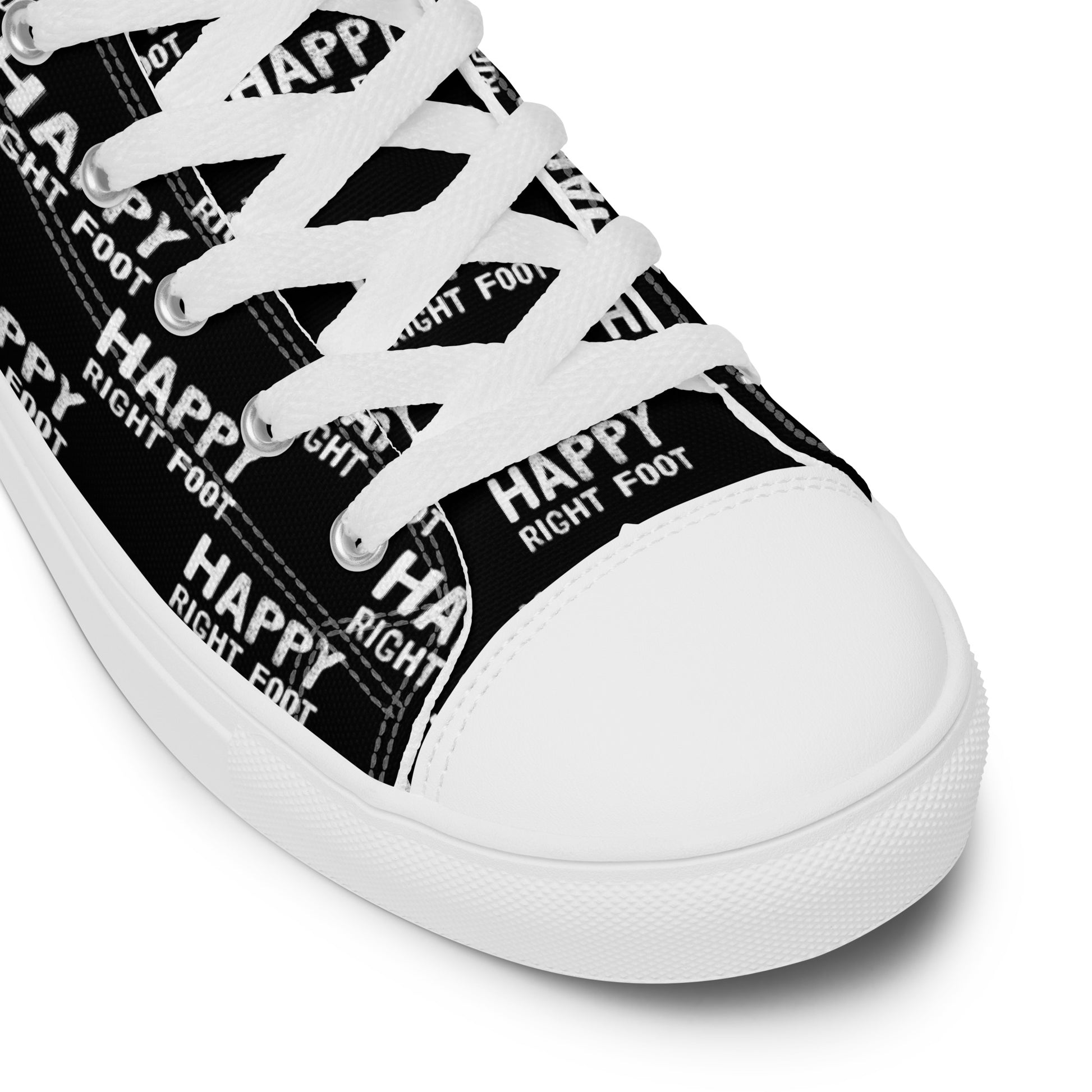 HappyStuff black high tops Happy Left Foot Happy Right Foot Pattern Print white laces faux leather toe cap closeup 