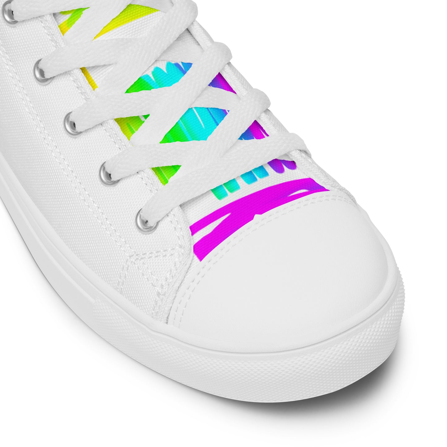 HappyStuff white high tops rainbow shoes Happy Rainbow Painted Print bright colours white laces faux leather toe cap closeup