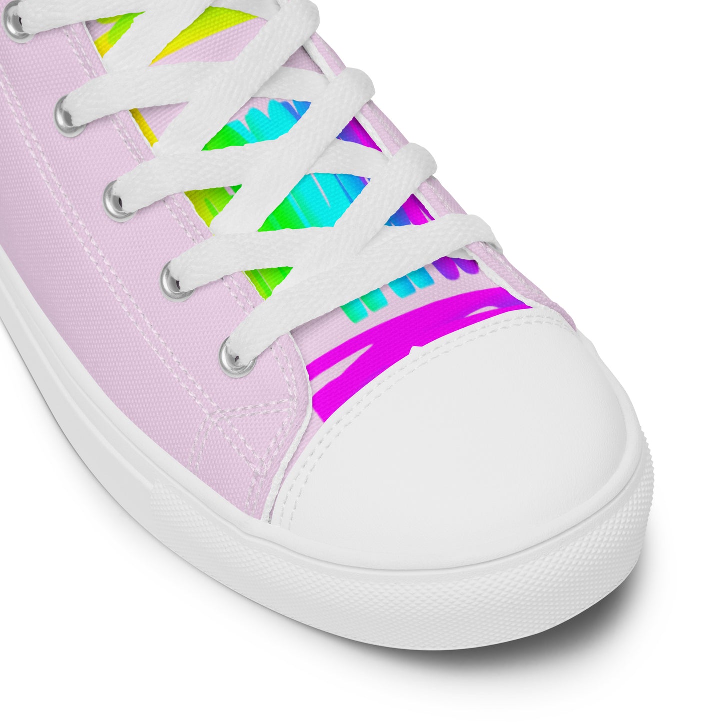 HappyStuff pink high tops rainbow shoes Happy Rainbow Painted Print bright colours white laces faux leather toe cap closeup