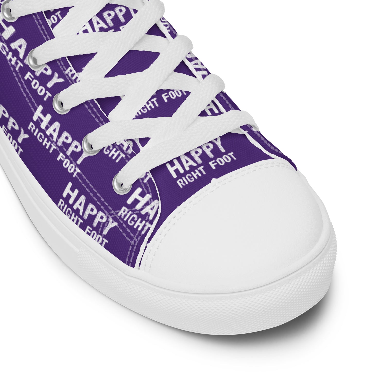 HappyStuff purple high tops Happy Left Foot Happy Right Foot Pattern Print white laces faux leather toe cap closeup