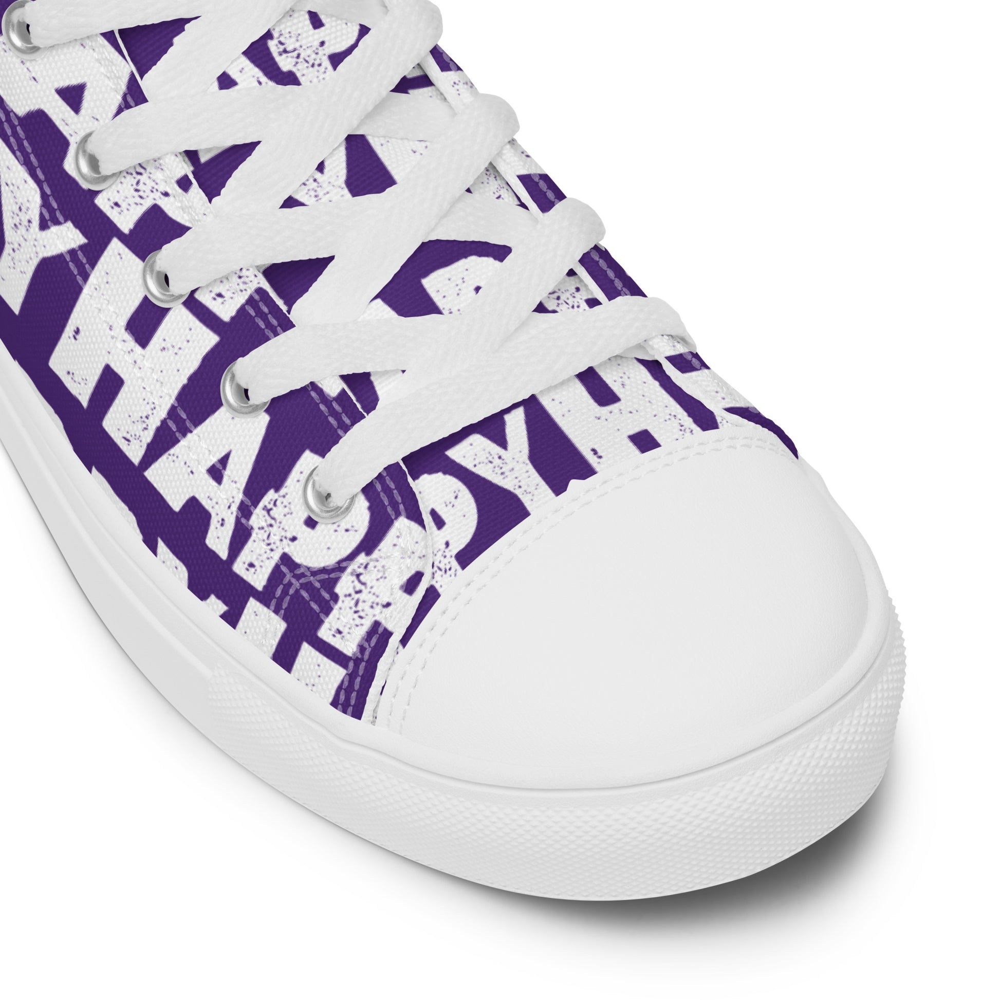 Fun Shoes purple and white Happy Sponge Print High Tops lace up White laces faux leather toe cap closeup