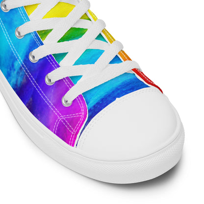 HappyStuff sneakers rainbow shoes holi colours printed on white high tops with white laces faux leather toe cap close up view