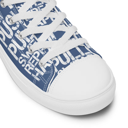 HappyStuff denim blue high tops lift push pull sweat repeat happy distress print white laces faux leather toe cap closeup