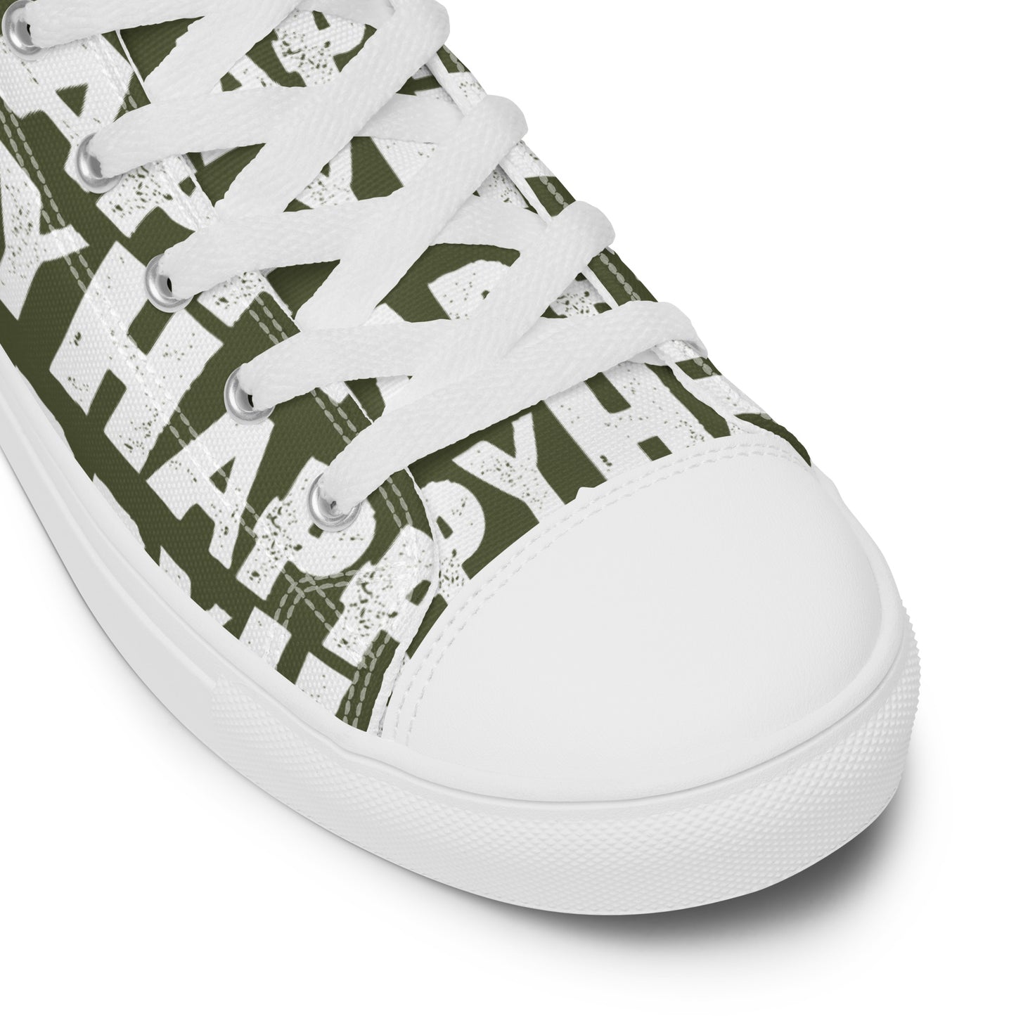 Fun Shoes khaki green and white Happy Sponge Print High Tops lace up White laces faux leather toe cap closeupt