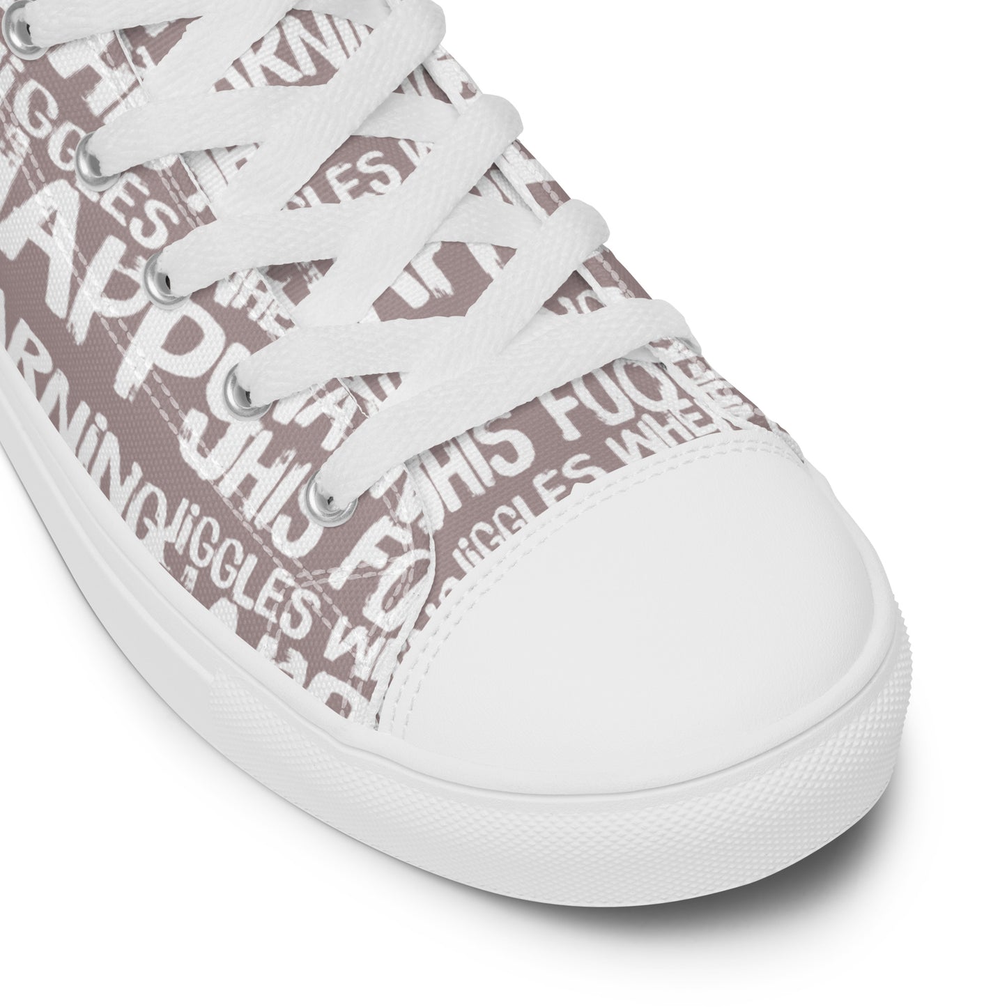 HappyStuff taupe high tops with playful white print Warning This Foot Jiggles When Happy white laces faux leather toe cap closeup