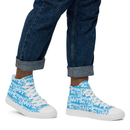 Walking right in mens HappyStuff high tops canvas sneakers edgy print blue and white shoes Warning This Foot Jiggles When Happy