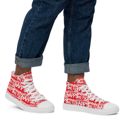 Walking right in mens HappyStuff high tops canvas sneakers edgy print red and white shoes Warning This Foot Jiggles When Happy