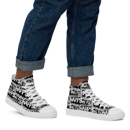 Walking right in mens HappyStuff high tops canvas sneakers edgy print black and white shoes Warning This Foot Jiggles When Happy