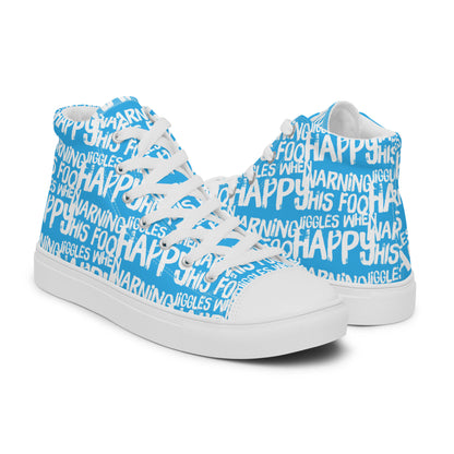 Mens blue high tops with playful white print Warning This Foot Jiggles When Happy right shoe front view left shoe back view