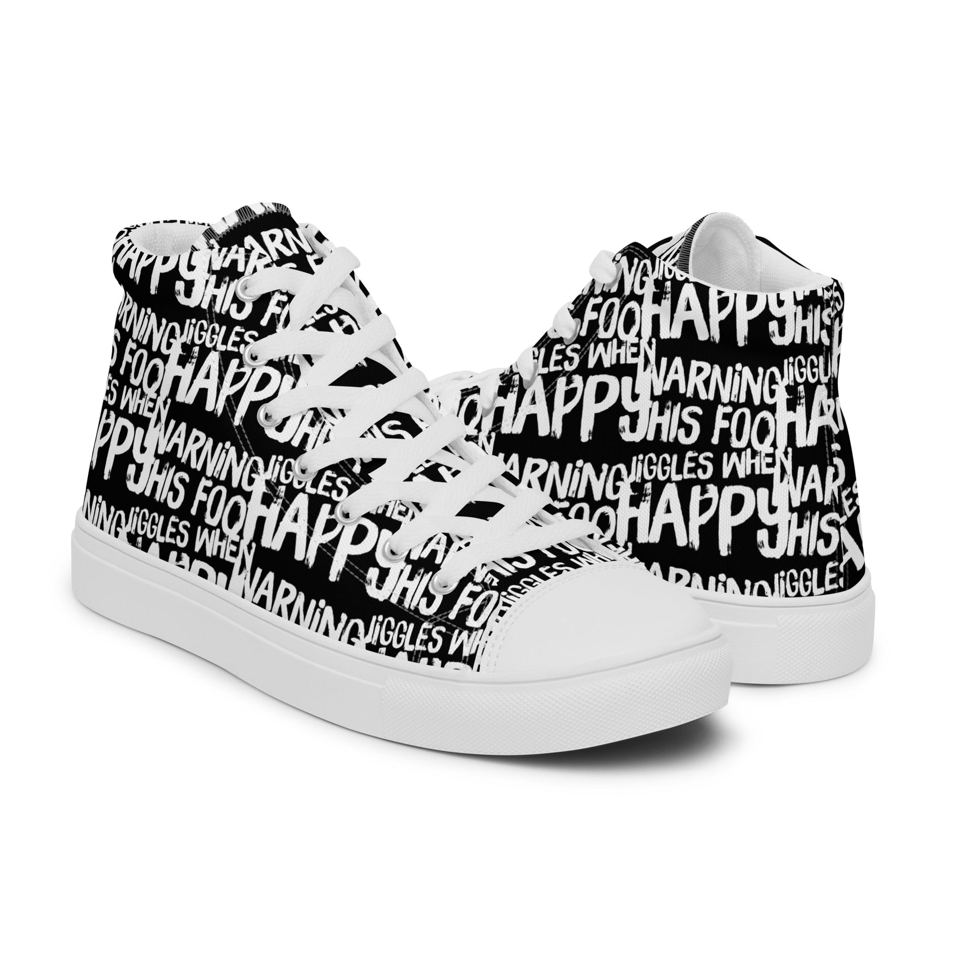 Mens black high tops with playful white print Warning This Foot Jiggles When Happy right shoe front view left shoe back view