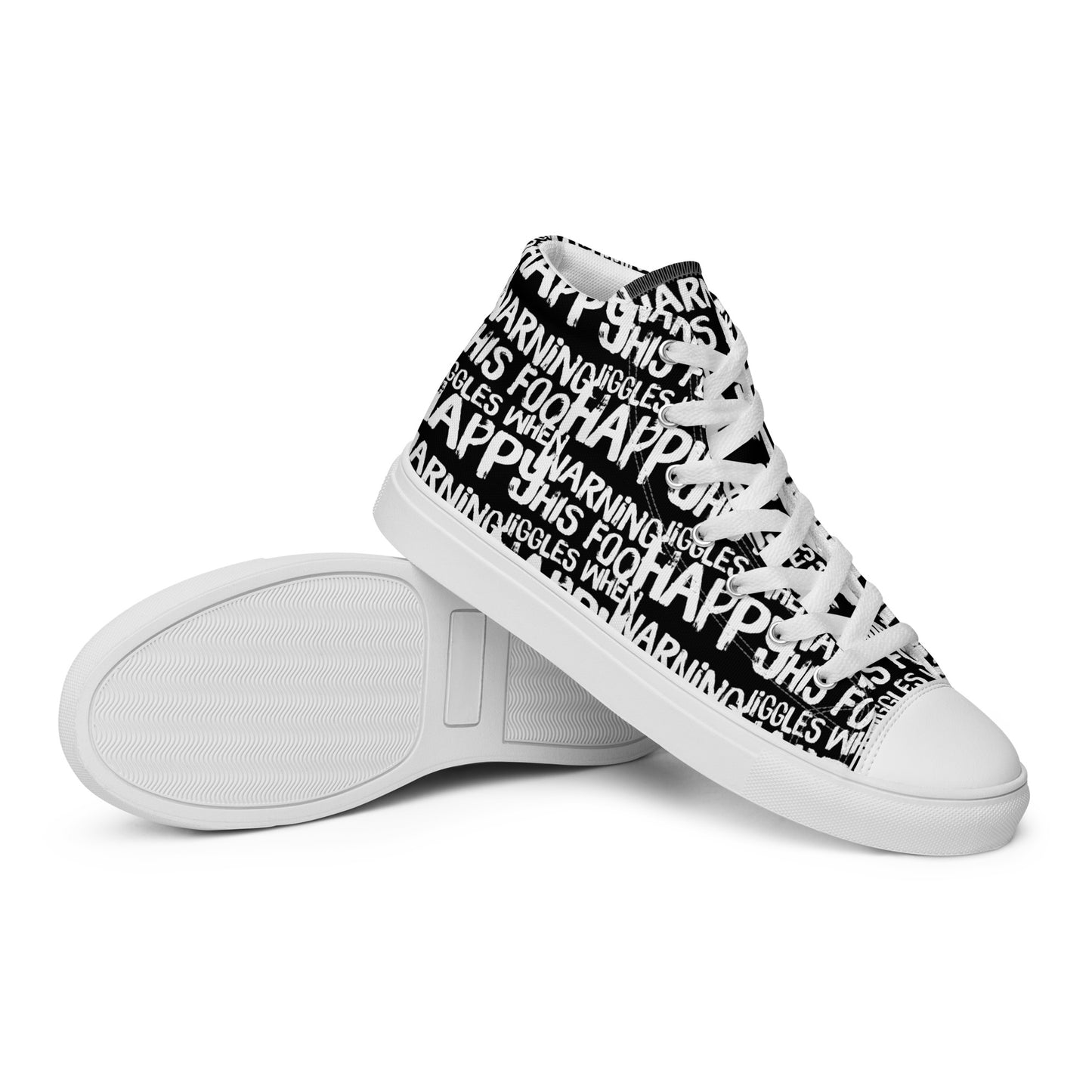 HappyStuff mens black high tops with playful white print Warning This Foot Jiggles When Happy EVA Rubber outsole closeup sole view