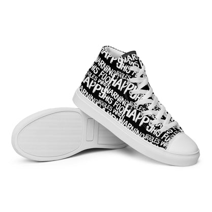 HappyStuff mens black high tops with playful white print Warning This Foot Jiggles When Happy EVA Rubber outsole closeup sole view