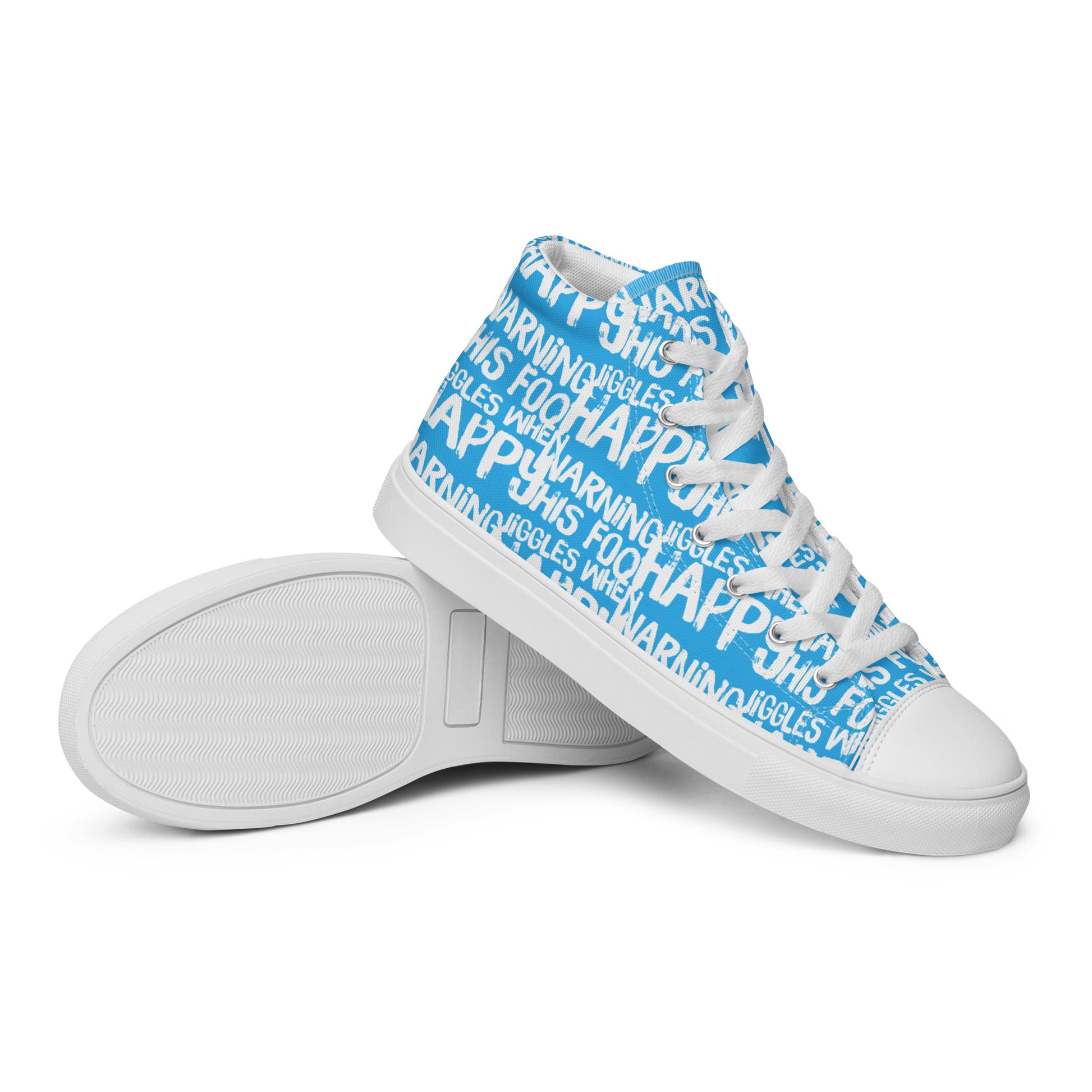 HappyStuff mens blue high tops with playful white print Warning This Foot Jiggles When Happy EVA Rubber outsole closeup sole view