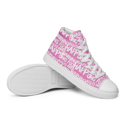 HappyStuff mens pink high tops with playful white print Warning This Foot Jiggles When Happy EVA Rubber outsole closeup sole view