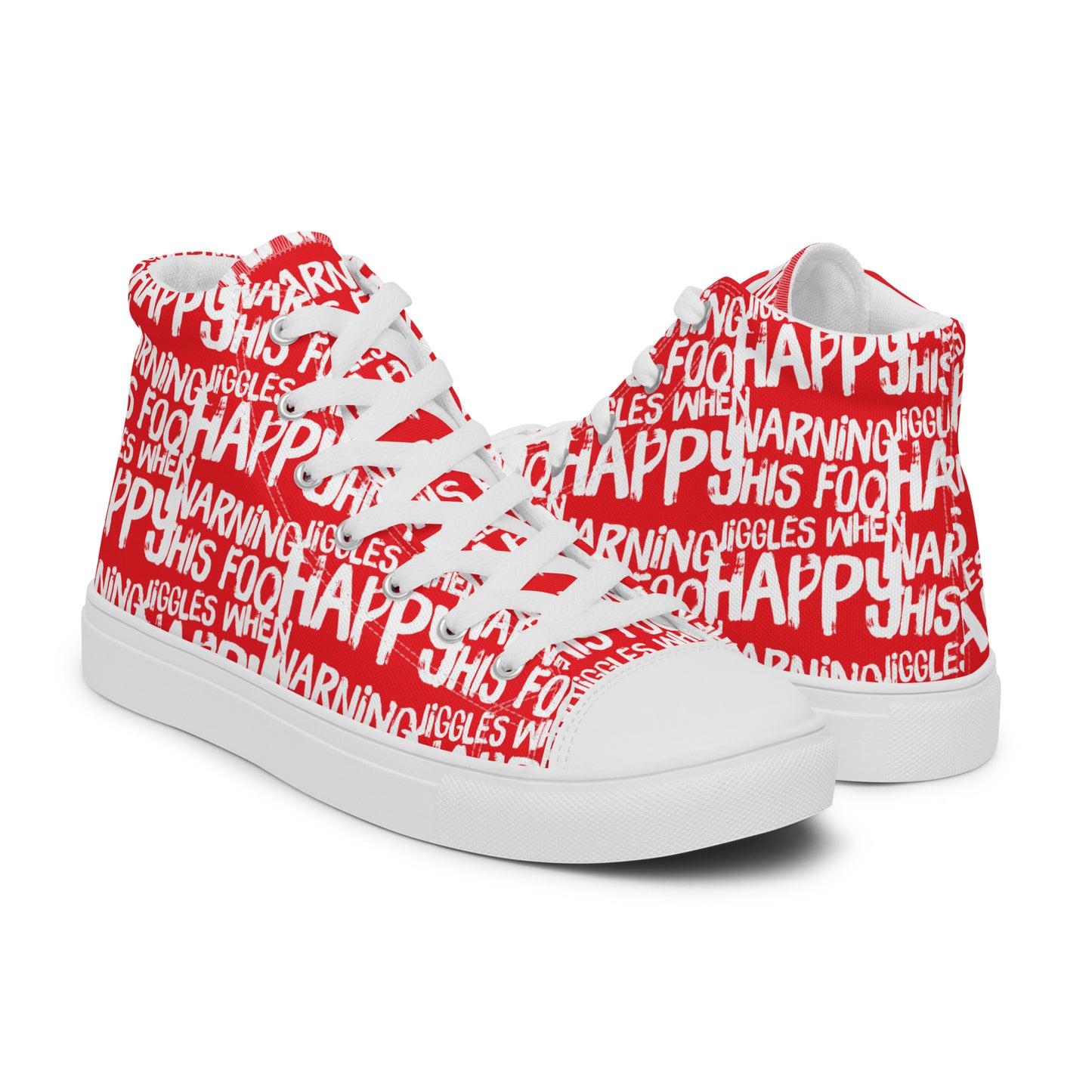 Mens red high tops with playful white print Warning This Foot Jiggles When Happy right shoe front view left shoe back view