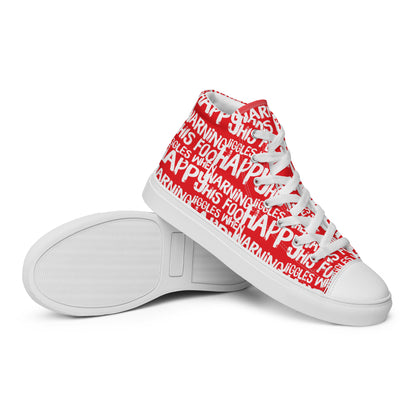 HappyStuff mens red high tops with playful white print Warning This Foot Jiggles When Happy EVA Rubber outsole closeup sole view