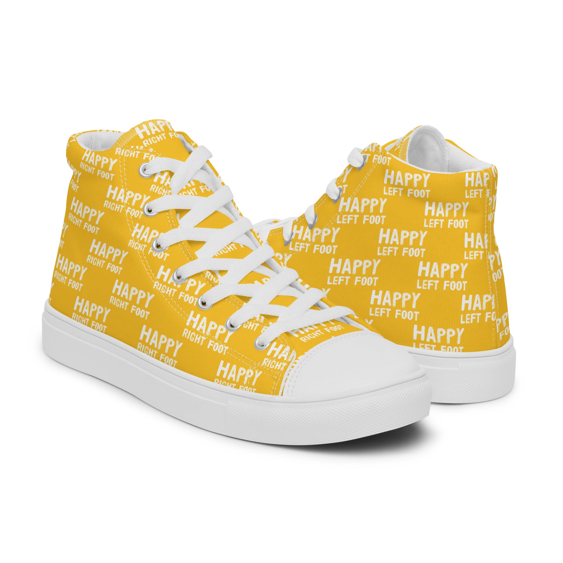 High tops mens right shoe front view left shoe back view Happy Left Foot Happy Right Foot Pattern Print yellow and white shoes HappyStuff brand