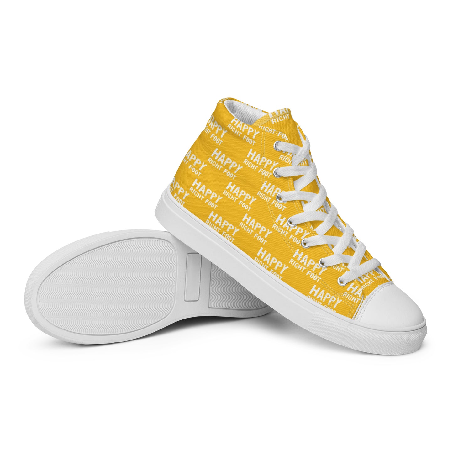 HappyStuff mens sneakers closeup sole view yellow high tops with Happy Left Foot Happy Right Foot Pattern Print yrllow and white shoes