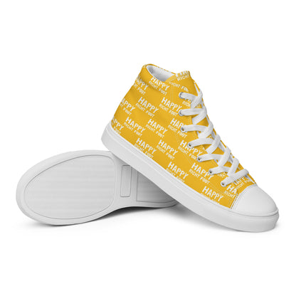 HappyStuff mens sneakers closeup sole view yellow high tops with Happy Left Foot Happy Right Foot Pattern Print yrllow and white shoes