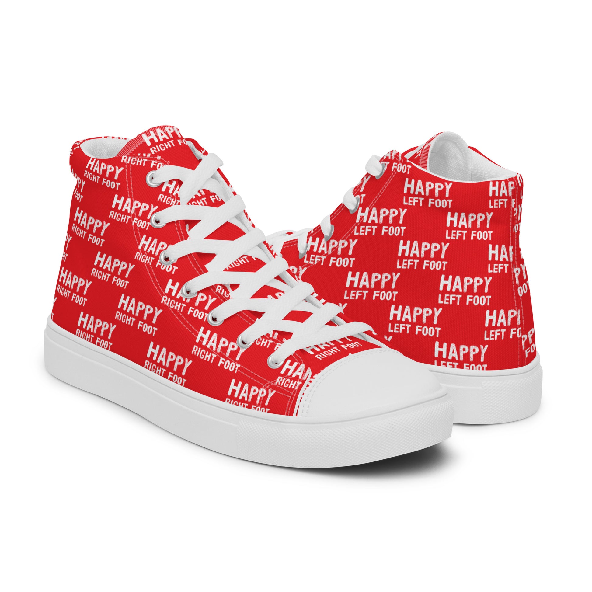 High tops mens right shoe front view left shoe back view Happy Left Foot Happy Right Foot Pattern Print red and white shoes HappyStuff brand